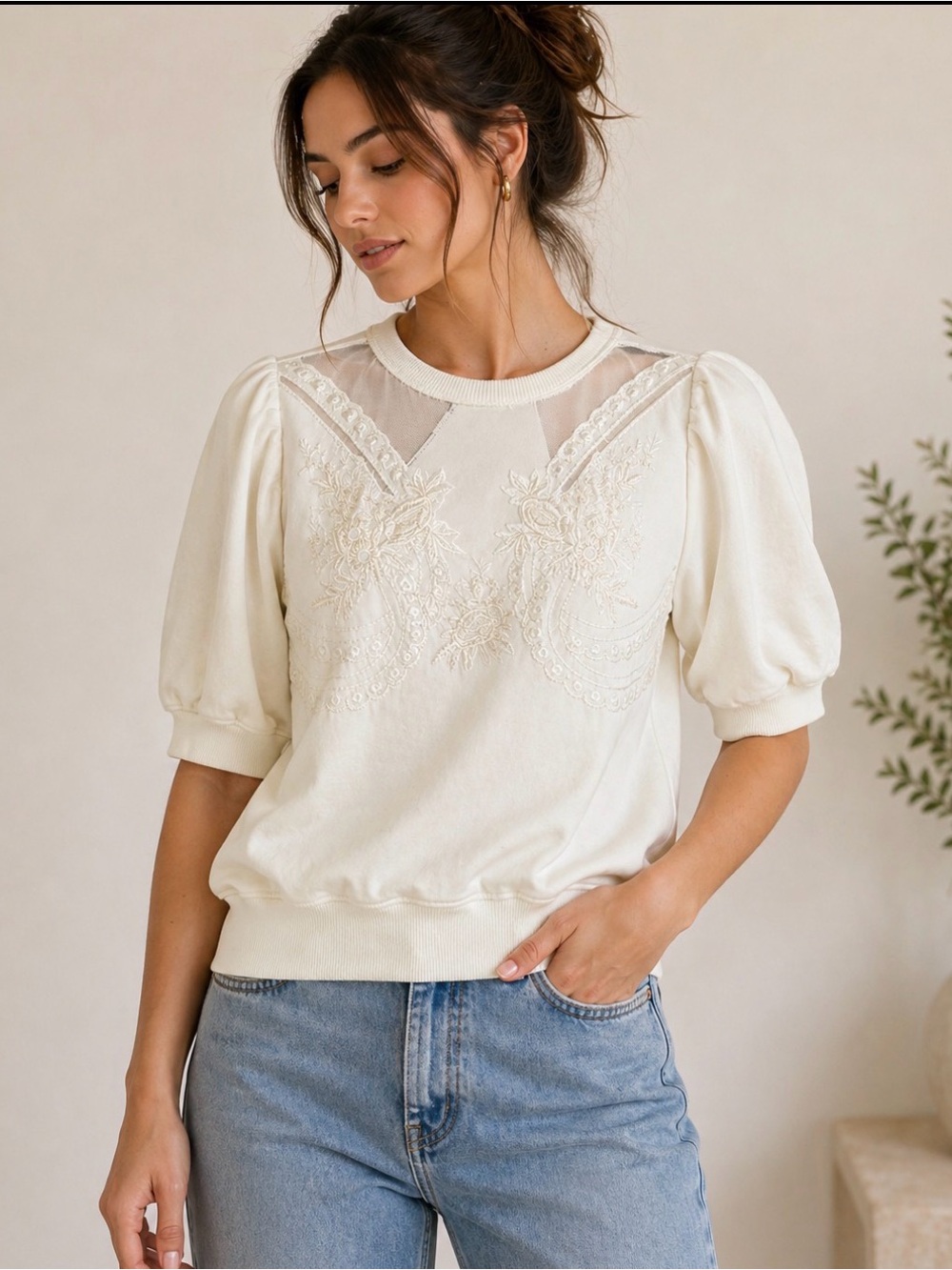Jason Wu Ivory Embroidered Sweatshirt Top Size Small NWT